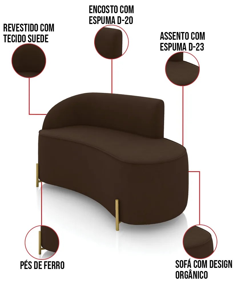Sofá 2 Lugares Orgânico 140cm Pé Dourado Morgan Suede D03 - D'Rossi - Marrom