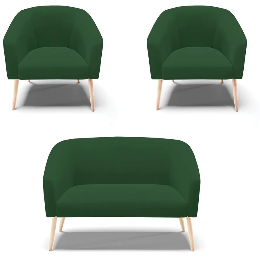 Namoradeira e 2 Poltronas Pé Palito Natural Stella Veludo D03 - D'Rossi - Verde