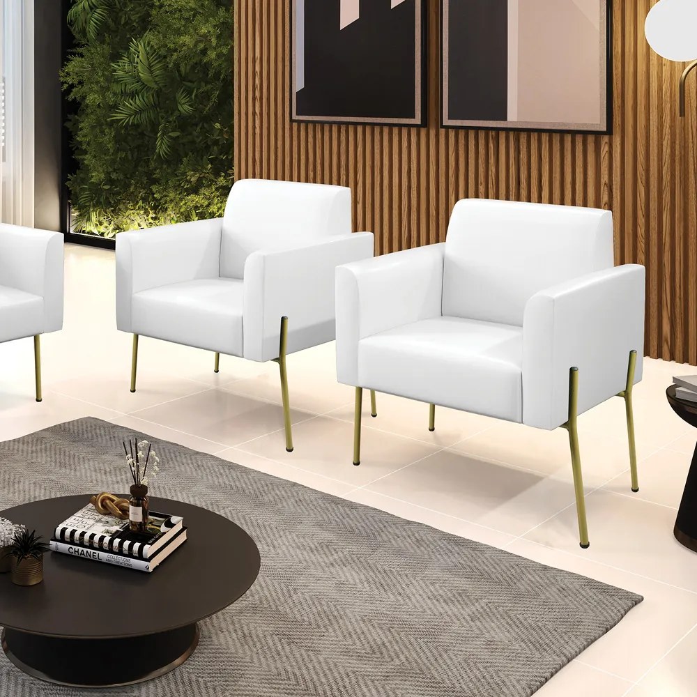 Poltrona Pé de Ferro Dourado Kit 2 para Sala Marisa Corano D03 - D'Rossi - Branco