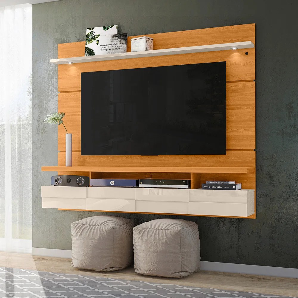 Painel TV 60 Pol 182cm Bancada Suspensa para Sala Quelen M20 - D'Rossi - Cinamomo e Off White