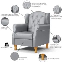 Kit 02 Poltronas de Amamentação Pés Madeira Lucy Z39 Sintético Cinza -