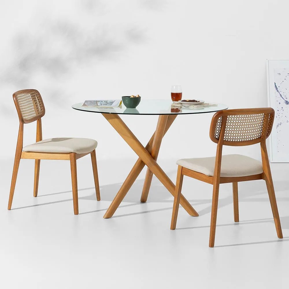Conjunto Mesa de Jantar Thai Redonda Vidro Incolor - 1,10m + 2 Cadeiras Lótus Encosto Palha Larga - Trenddie Cru