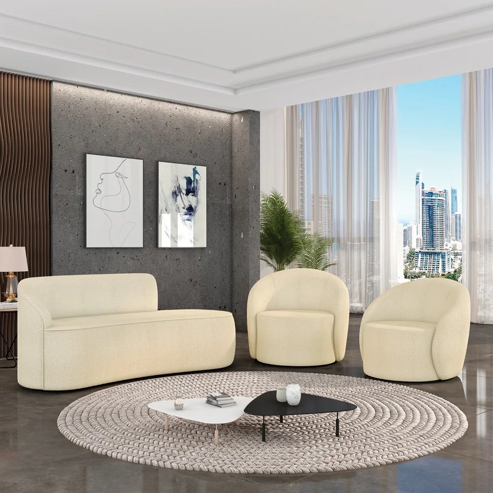 Sofá 3 Lugares Orgânico 180cm Morgan e 2 Poltronas Lua Bouclê Bege D03 - D'Rossi