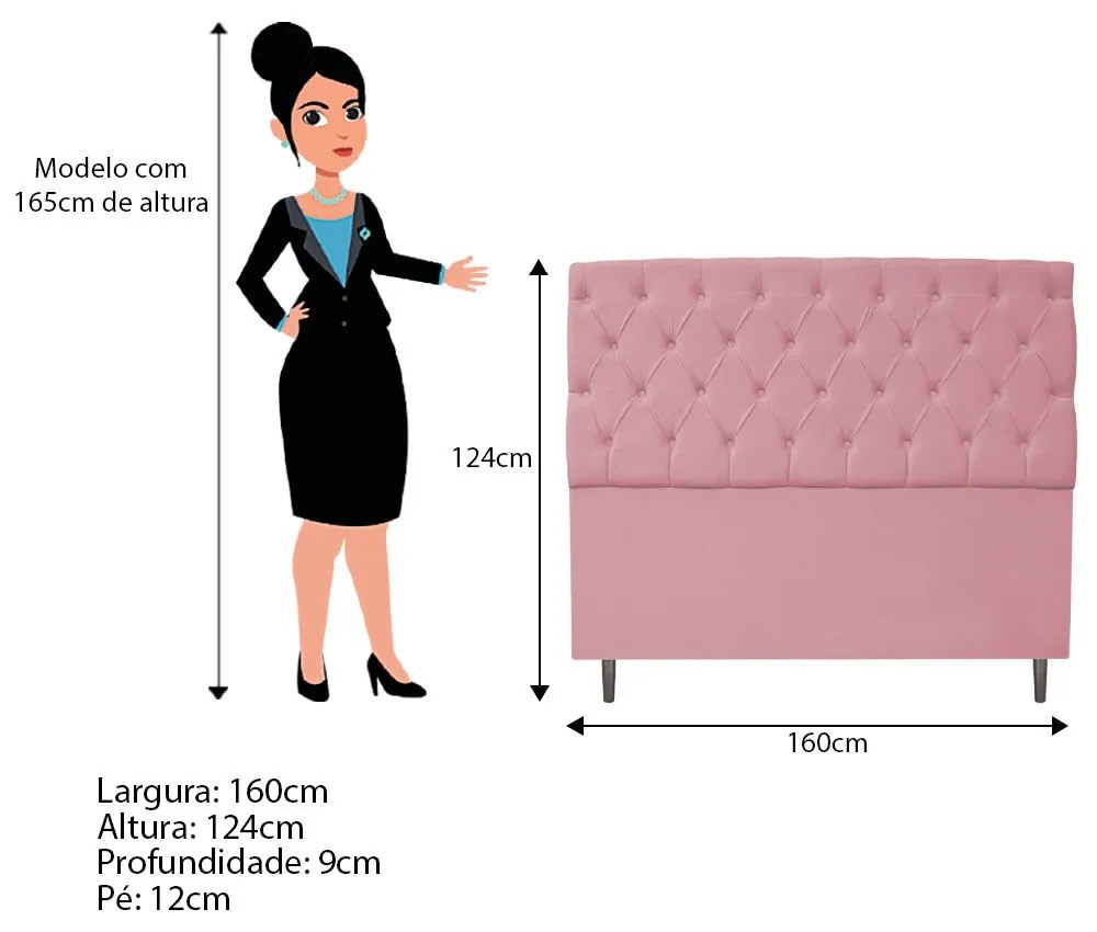 Cabeceira Estofada Liverpool 160 cm Queen Size Suede Rosa Bebê - ADJ Decor