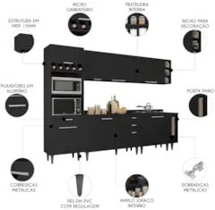 Armário de Cozinha Com Tampo CP07 280cm Pérola Preto Z34 - Mpozen