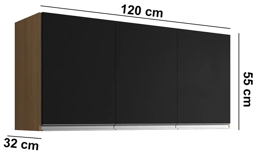 Armário Cozinha Aéreo 120cm 3 Portas Leticia A01 - D'Rossi - Amendoa e Preto