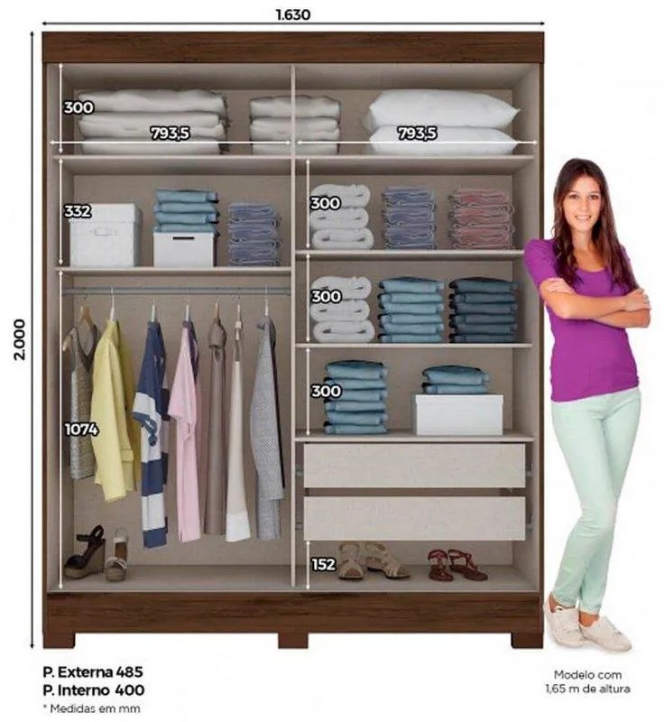 Roupeiro Briz 2 Portas Deslizantes 2 Gavetas - Café/Off White