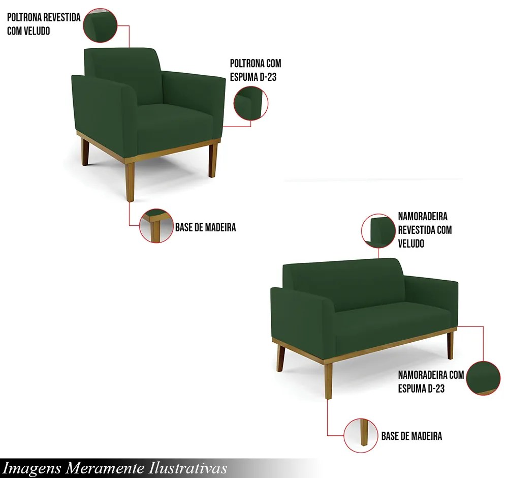 Conjunto Poltrona e Namoradeira Decorativa Isabella Pés Fixo em Madeira Castanho Veludo Verde Esmeralda G19 - Gran Belo