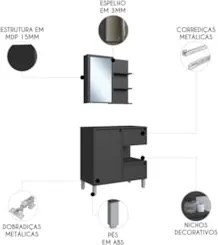 Gabinete Banheiro 80cm e Espelheira 70cm Clari Grafite F10  - Mpozenat