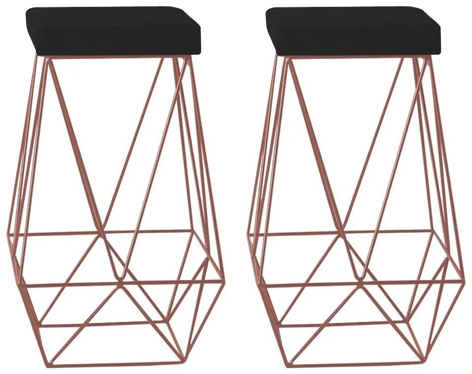 Kit 2 Banqueta Decorativa Kathy Base Bronze Veludo Preto G41 - Gran Belo