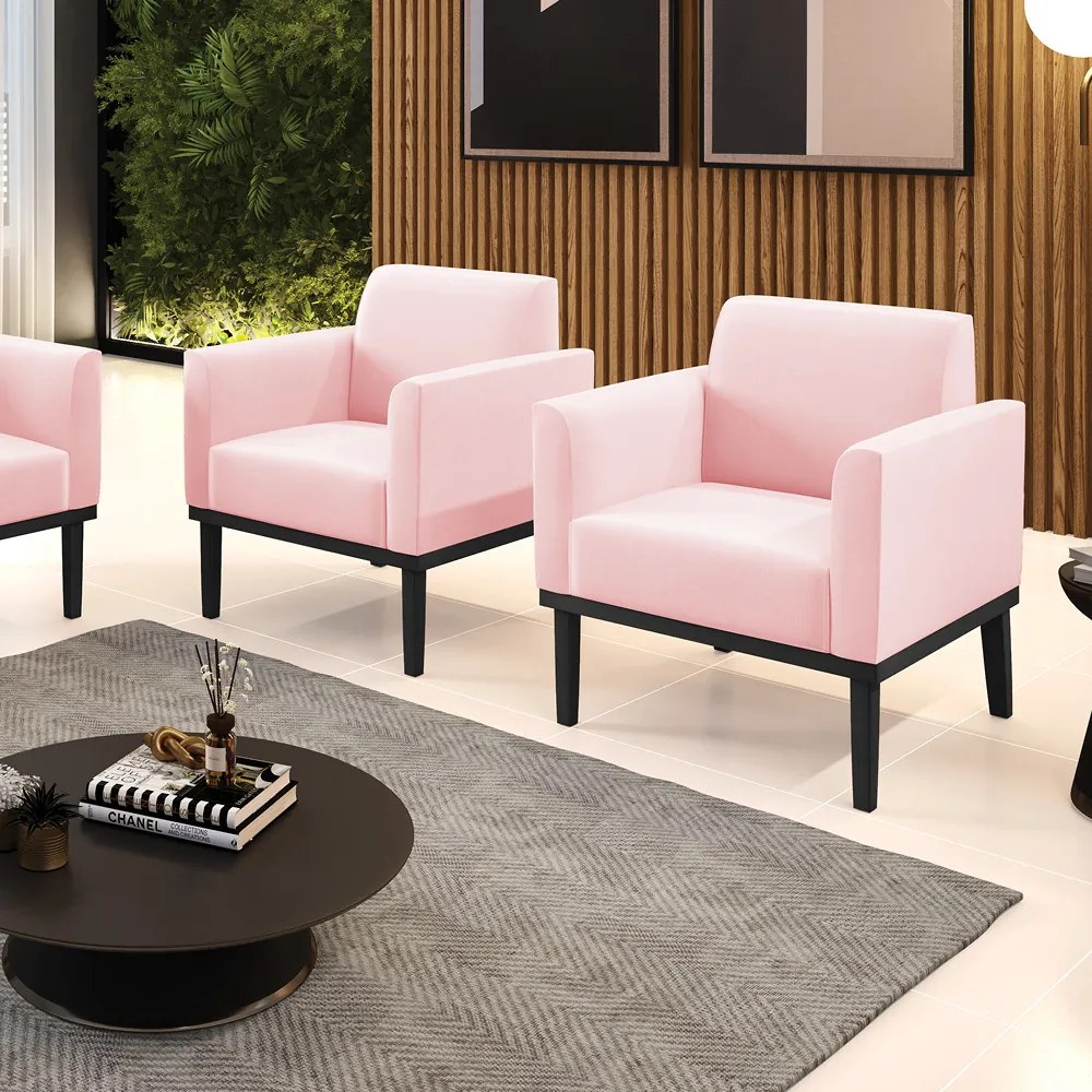 Kit 2 Poltronas Decorativas Isabella Pés Fixo em Madeira Preto Suede Rosa Bebê G19 - Gran Belo