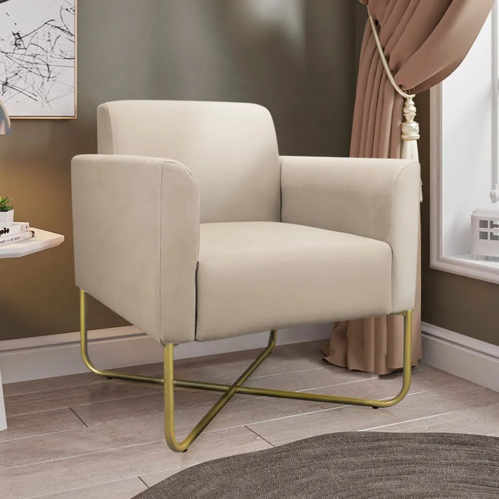 Kit 2 Poltronas Decorativas Isabella Base X Suede Bege/Dourado G19 - Gran Belo