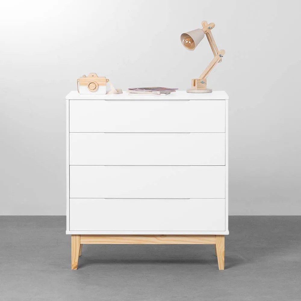 Cômoda Elfe 4 Gavetas com Pés Square Natural – Branco Fosco