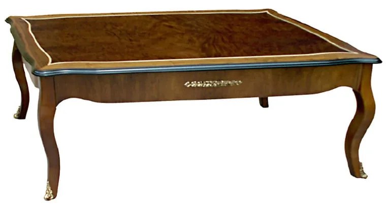 Mesa de Centro Louis XVI Design Retangular Estrutura Madeira Maciça Detalhes em Marchetaria Apliques em Metal