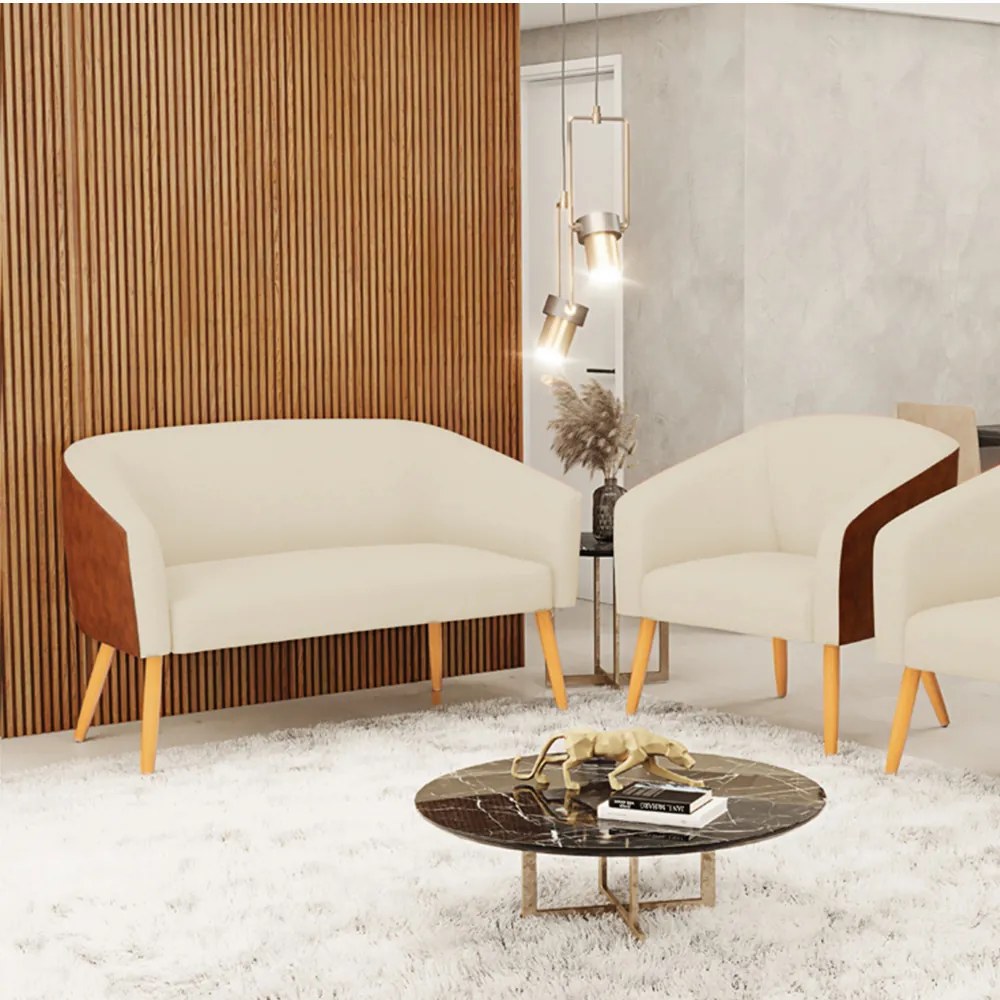 Sofá Namoradeira e Poltrona Pé Palito Castanho Stella Nozes/Linho Bege D03 - D'Rossi