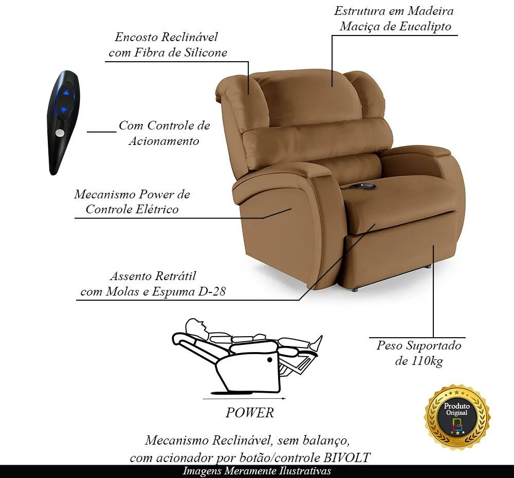 Poltrona do Papai Sala de Cinema Reclinável Kylie Controle Power Elétrico PU Caramelo G23