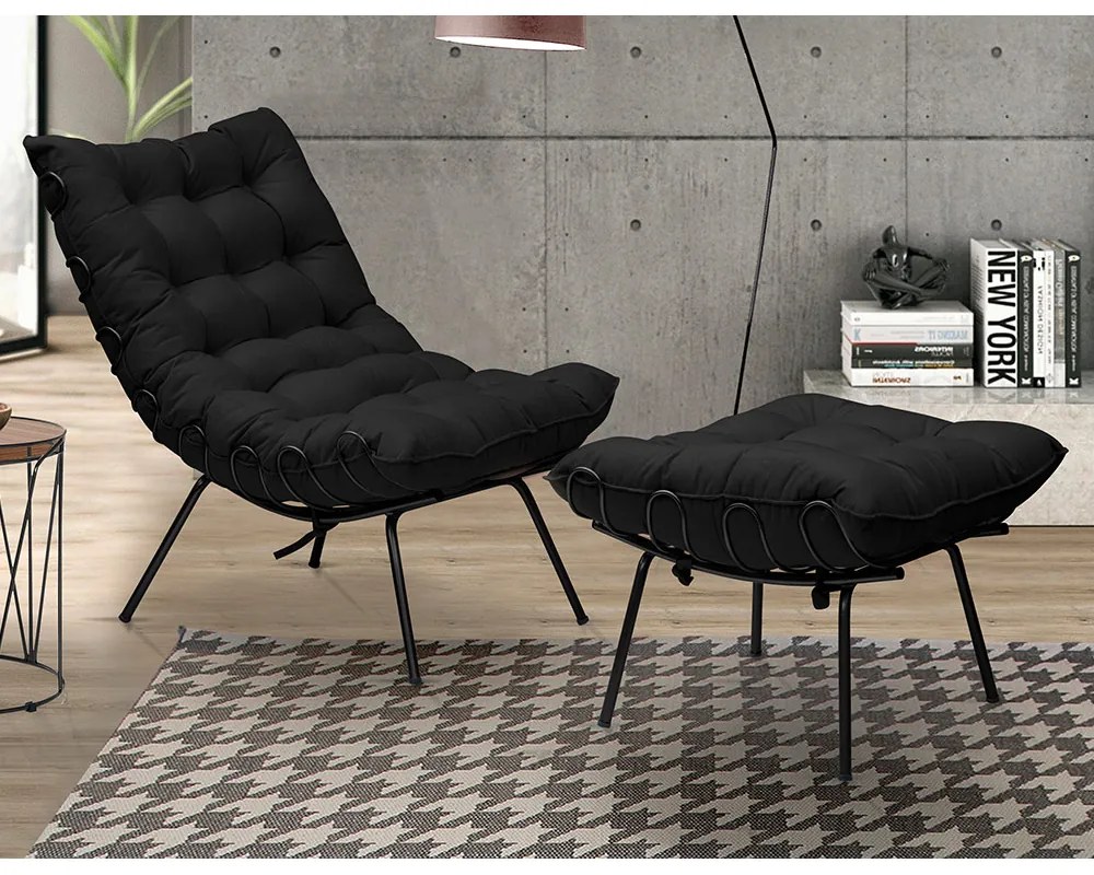 Puff Decorativo Sala de Estar Abel Pés Preto Veludo Preto G41 - Gran Belo