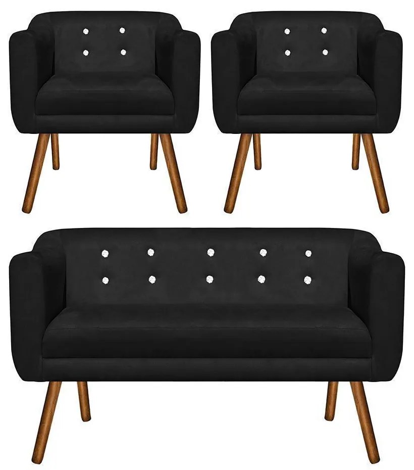 Kit 01 Namoradeira 02 Lugares e 02 Poltronas Julia Suede Preto com Strass Pés Palito Castanho D'Rossi