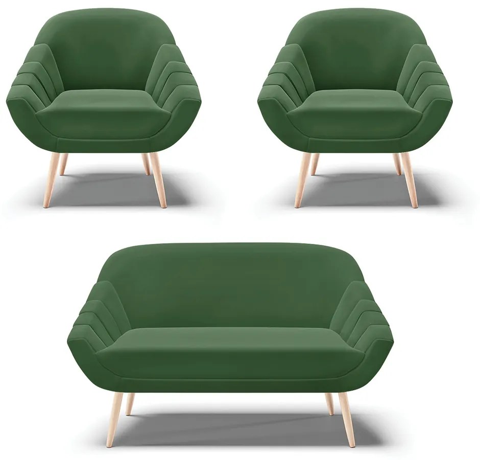 Kit 01 Namoradeira 02 Lugares e 02 Poltronas Giovana Suede Pés Palito Natural D01 - D'Rossi - Verde