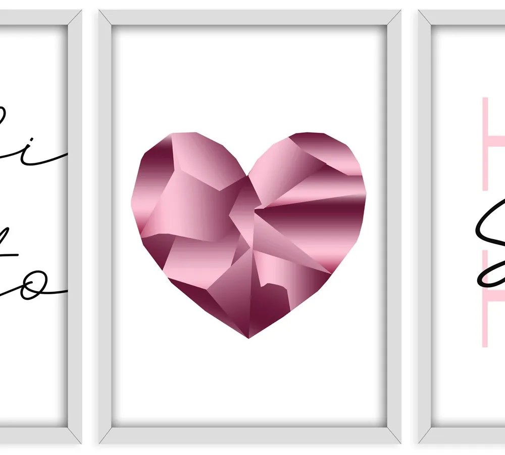 Kit 03 Quadros Decorativos "Pink Heart"  43x33 cm - D'Rossi