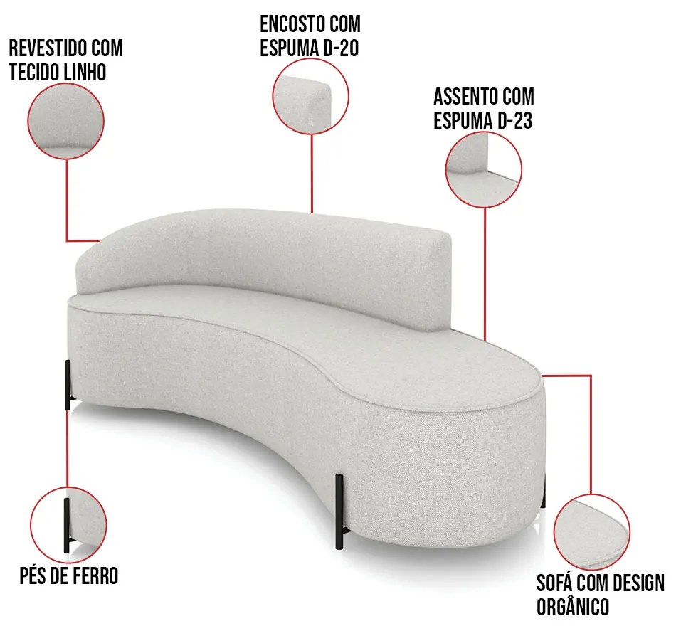 Sofá 4 Lugares Orgânico 220cm Pé Ferro Preto Morgan Linho D03 - D'Rossi - Cinza