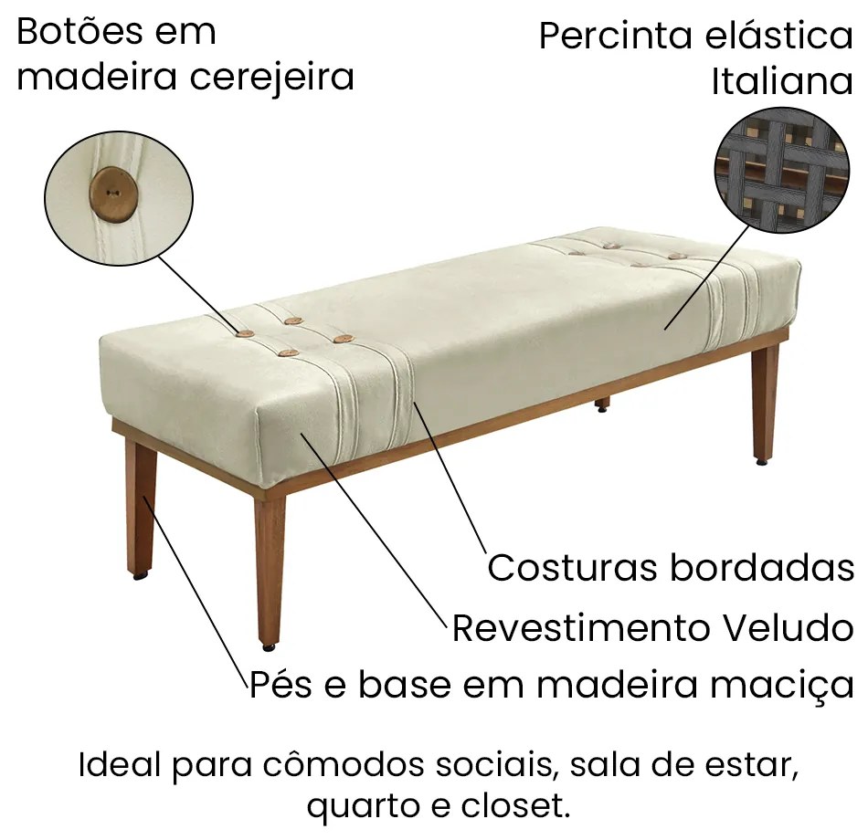 Divã Recamier Banco Base Madeira para Quarto Gênova 195cm Veludo Bege S04 - D'Rossi