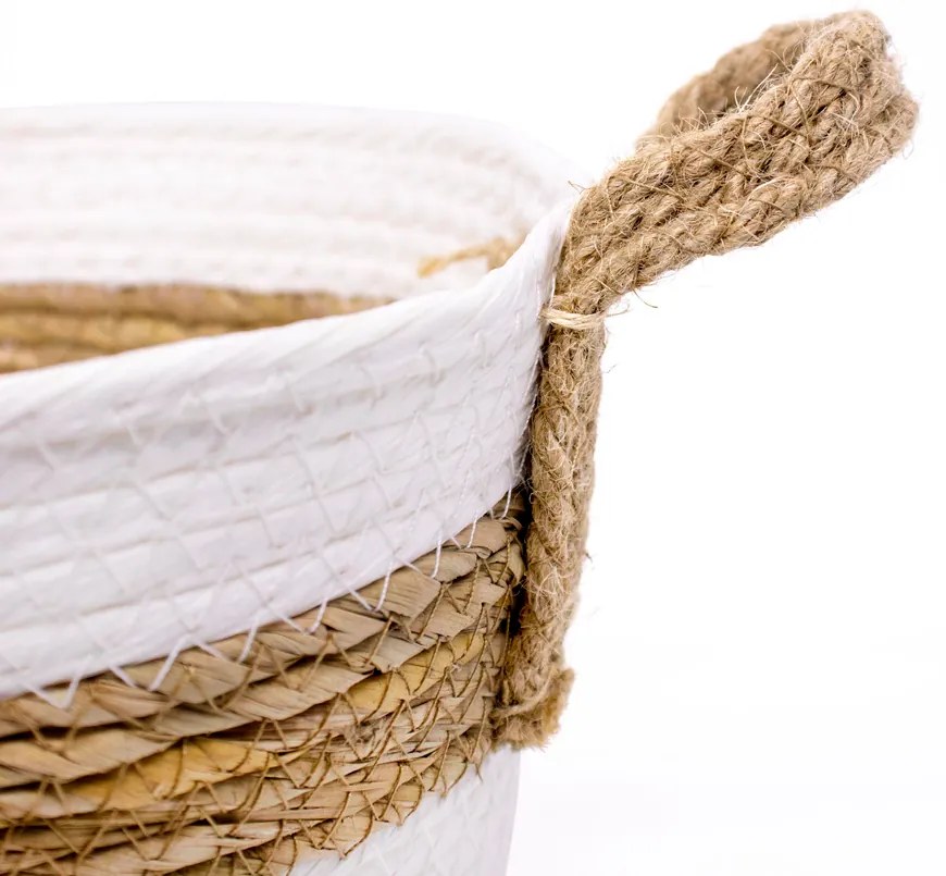 Cesto de Fibra Natural Seagrass Listrado Branco 15x22,5x23 cm  - D'Rossi