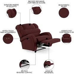 Poltrona do Papai Reclinável Kalie Power Touch FH9 Veludo Vinho - Mpoz