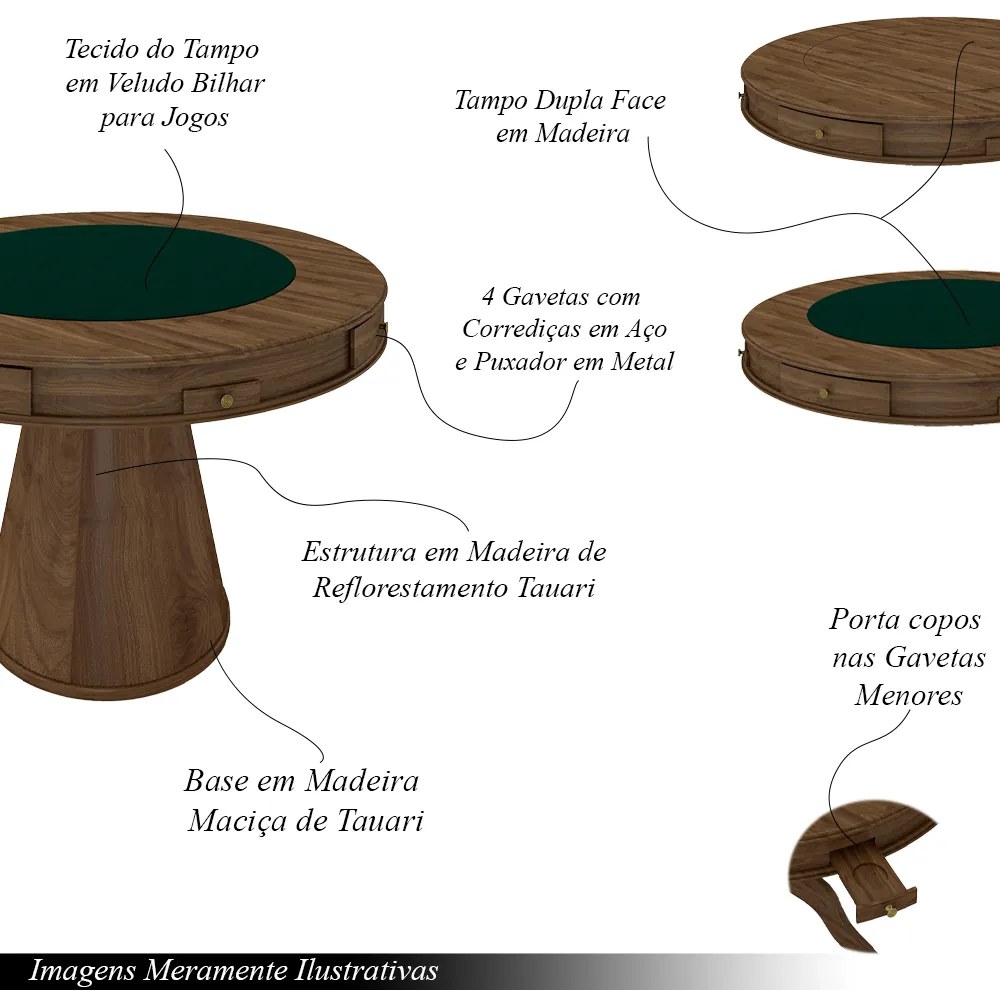 Conjunto Mesa de Jogos Carteado Bellagio Tampo Reversível Verde e 4 Cadeiras Madeira Poker Base Cone Linho OffWhite/Nogueira G42 - Gran Belo
