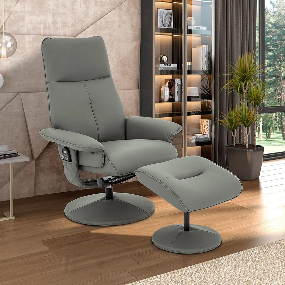 Poltrona de Massagem Reclinável e Giratória Nebraska com Apoio de Pés Pu G56 - Gran Belo - Cinza