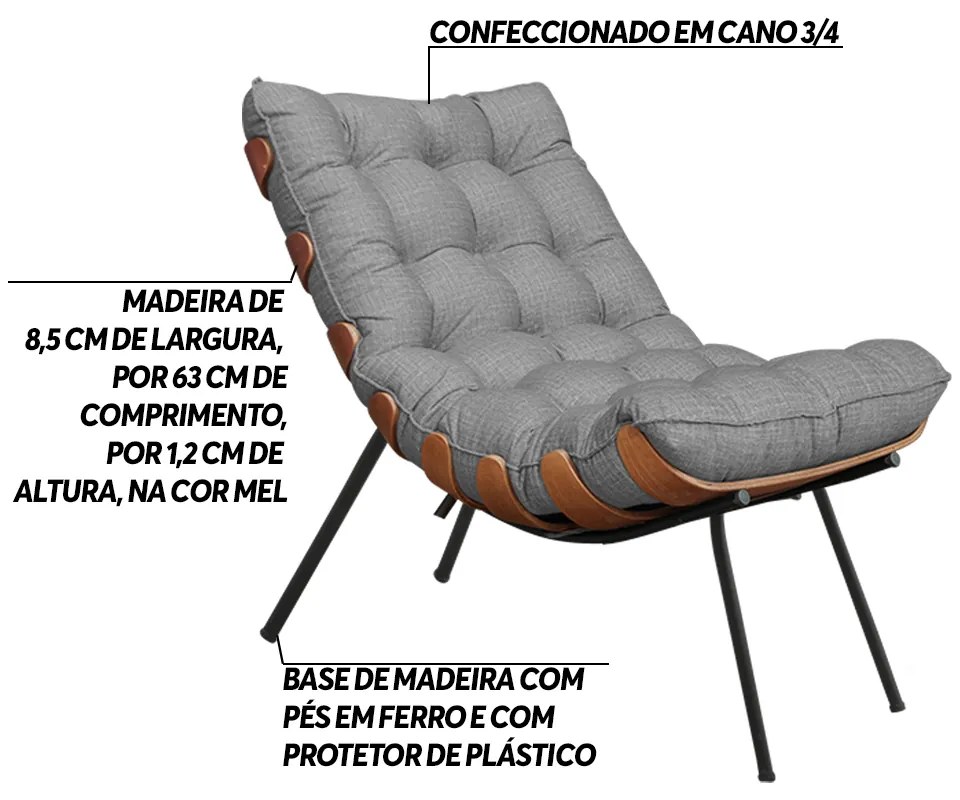 Poltrona Decorativa Sala de Estar Abel Base de Madeira Preto Linho Cinza G41 - Gran Belo