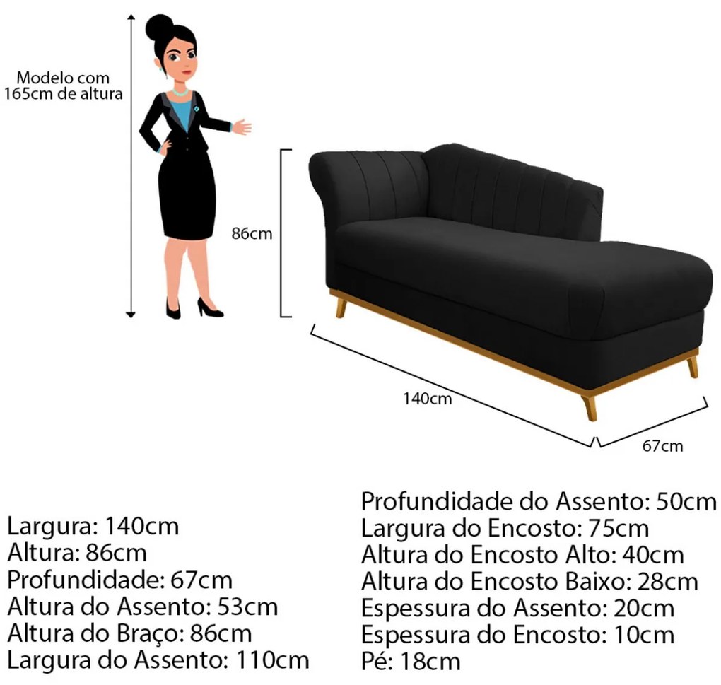 Recamier Vanessa 140cm Lado Direito Suede Preto - ADJ Decor