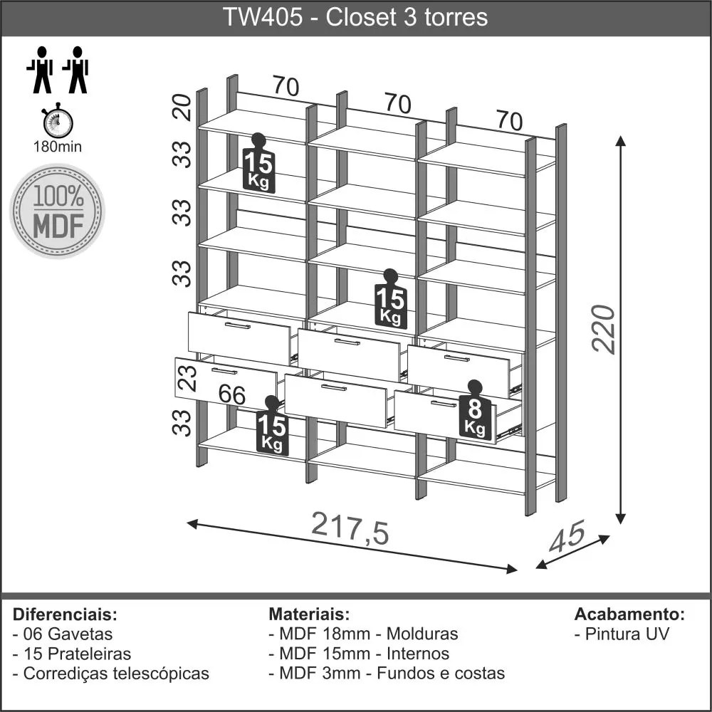 Armário Roupas Closet Casal 6 Gavetas 15 Prateleiras Mdf Preto TW405 Dalla Costa