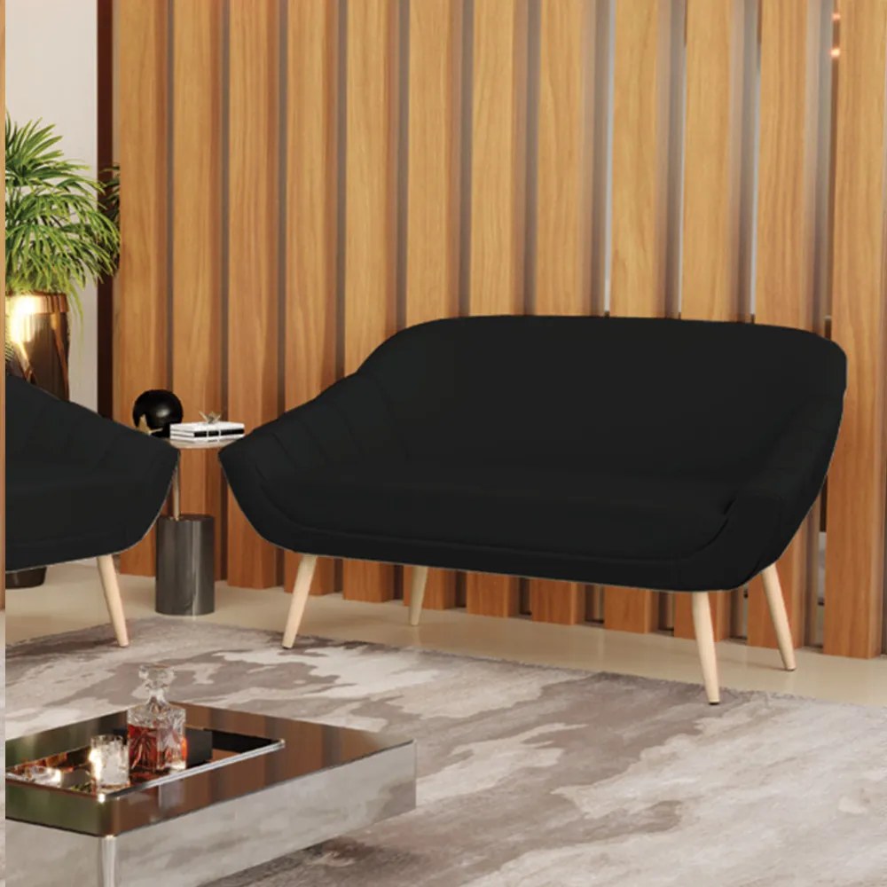 Namoradeira 02 Lugares Giovana Linho Pés Palito Natural - Indo Decorar - A79 Preto