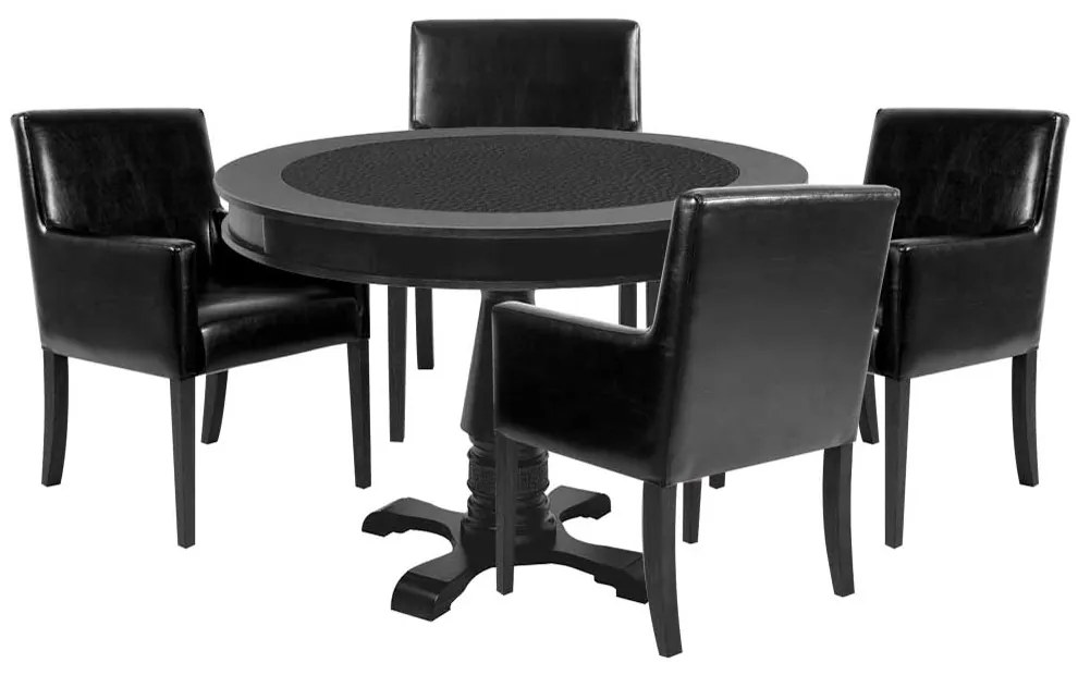 Mesa de Jogos Carteado Redonda Victoria Tampo Reversível Preto com 4 Cadeiras Liverpool PU Sintético Preto Liso G36 G15 - Gran Belo