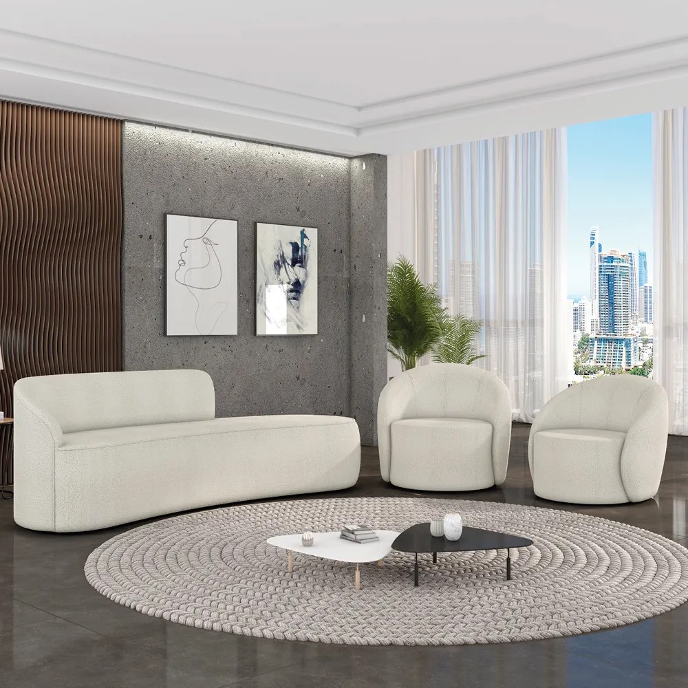 Sofá 4 Lugares Orgânico 220cm Morgan e 2 Poltronas Lua Bouclê D03 - D'Rossi - Off White