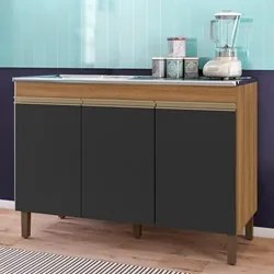 Balcão Gabinete Com Pia 120cm 3 Portas Karen P14 Nature/Preto Fosco -