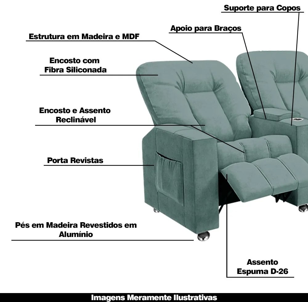 Poltrona Reclinável 3 lugares para Sala de Cinema Pequim Veludo Azul Claro G23 - Gran Belo
