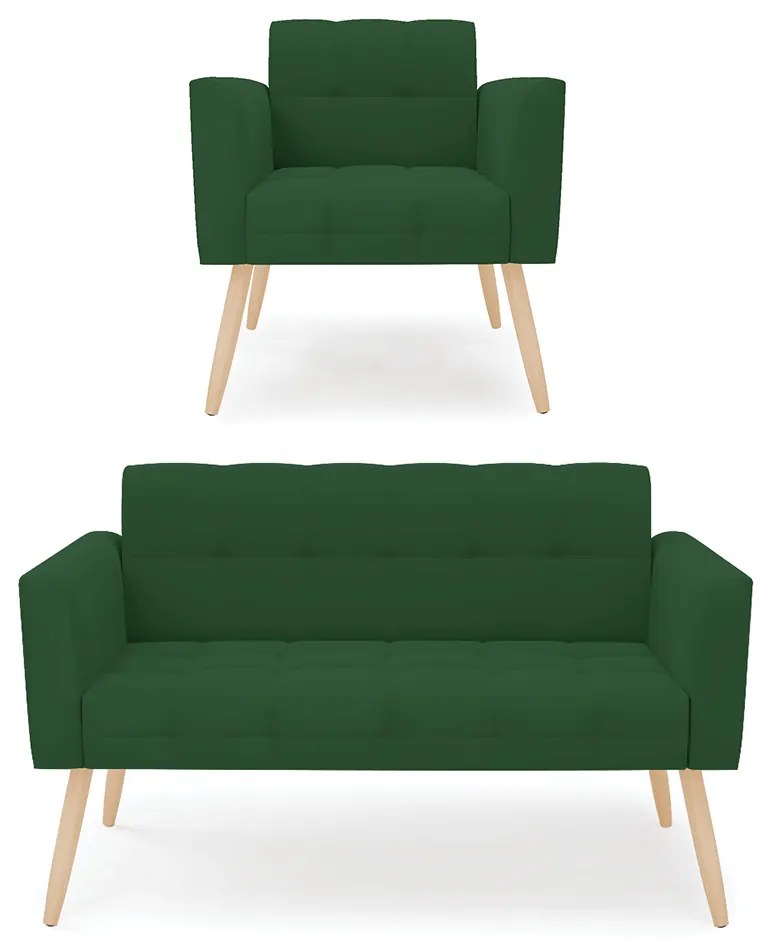Kit 1 Sofá Namoradeira e 1 Poltrona Elisa Veludo Verde Pés Palito Natural - D'Rossi