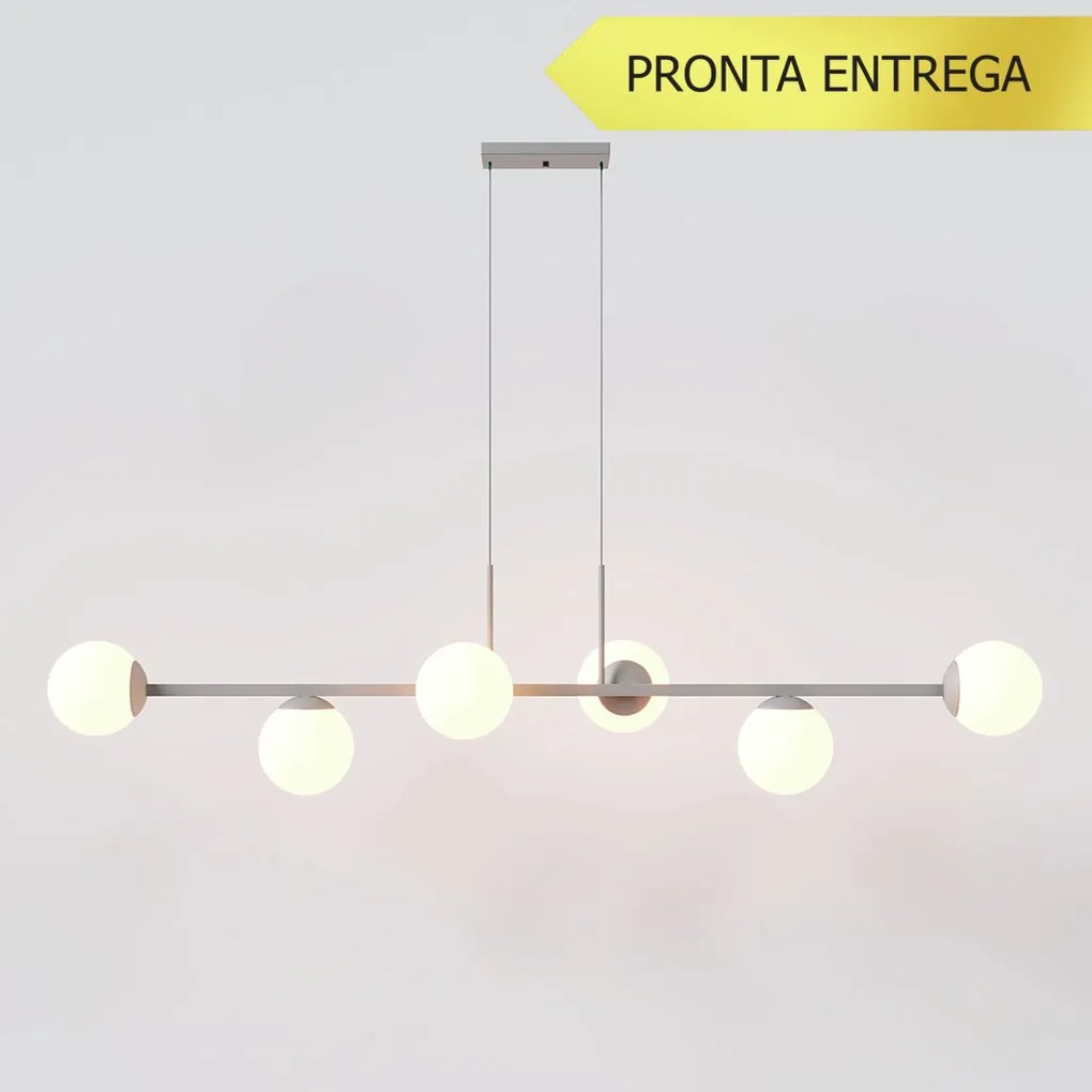 Pendente Six Retângular 124X25,5X27Cm Alumínio E Globo Ø12Cm Fosco 6Xg... (CINZA FOSCO, FOSCO)