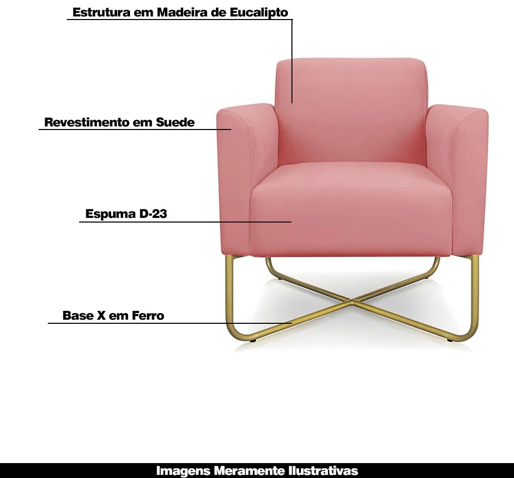 Kit 2 Poltronas Decorativas Isabella Base X Suede Rosê/Dourado G19 - Gran Belo