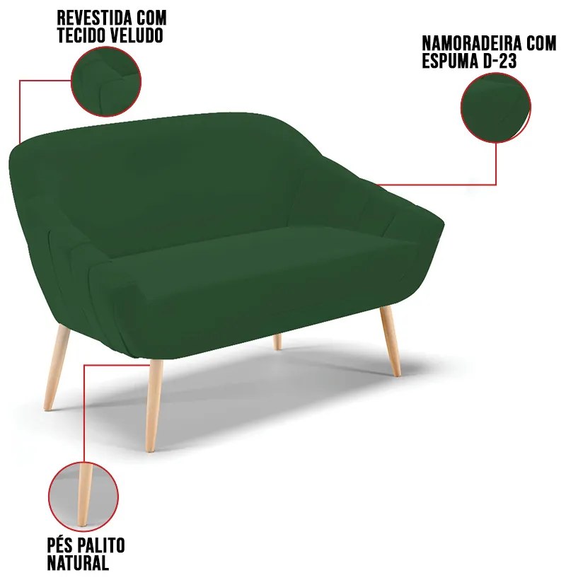 Kit 01 Namoradeira 02 Lugares e 02 Poltronas Giovana Veludo Pés Palito Natural D01 - D'Rossi - Verde