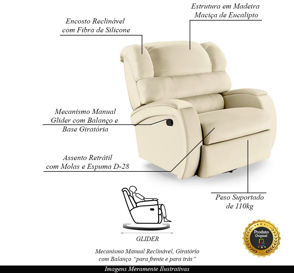 Poltrona do Papai Sala de Cinema Reclinável Kylie Glider Manual Giratória PU Bege G23