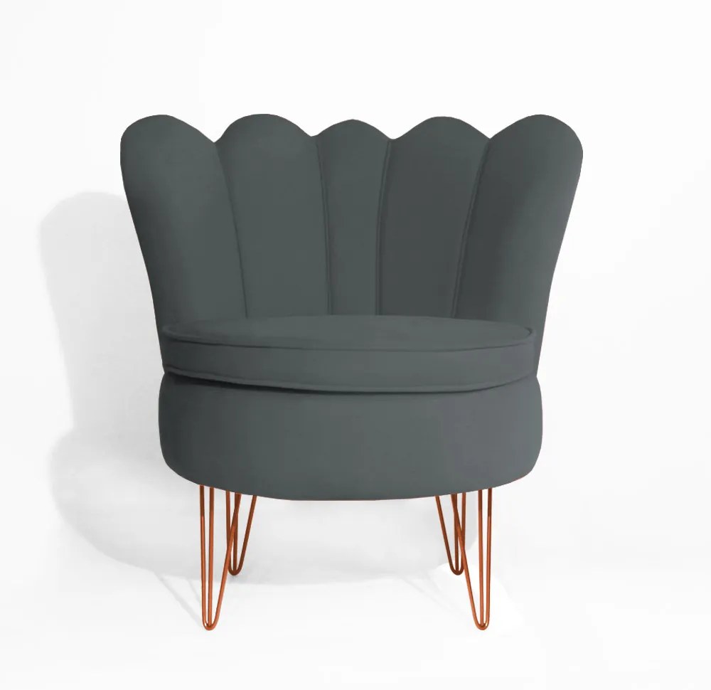 Poltrona Dália Pés Hairpin Legs Bronze Veludo Cinza
