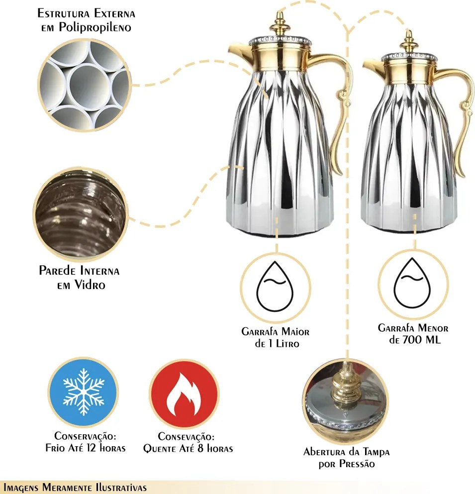 Kit 2 Garrafas Términas 1 Litro e 700 ML Marselha Quente Frio Prata/Dourada G95 - Gran Belo