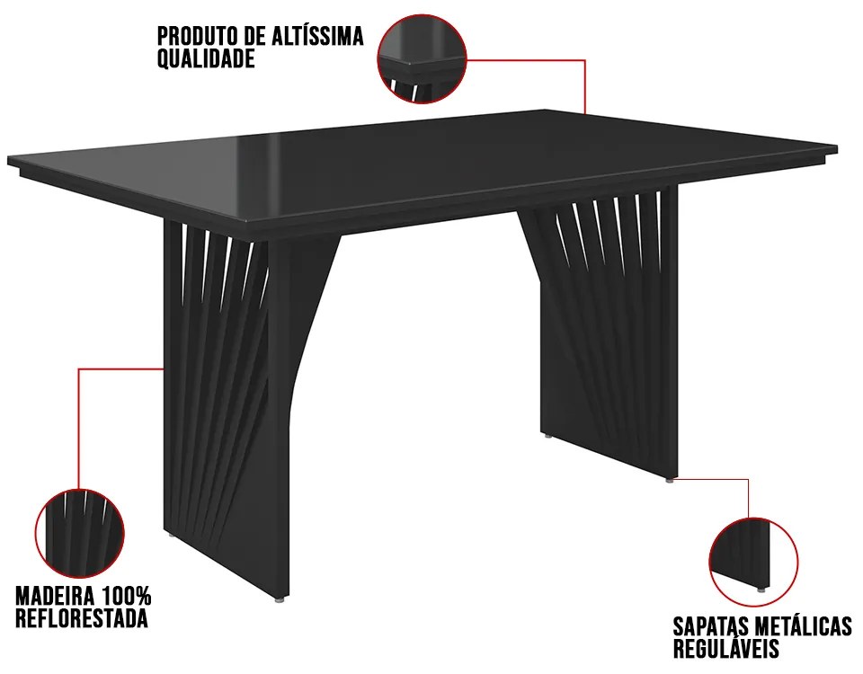 Mesa de Jantar Retangular Anny 160x90 cm Preto com Base de Madeira - D'Rossi