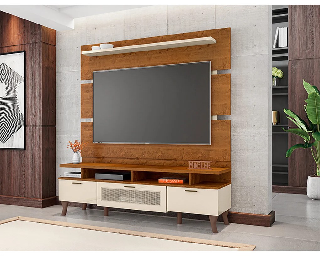 Kit Painel de TV e Bancada 160cm Arcade Nature/Off White - Mobler - Marrom