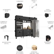 Armário de Cozinha Com Tampo CP04 230cm Pérola Preto Z34      - Mpozen