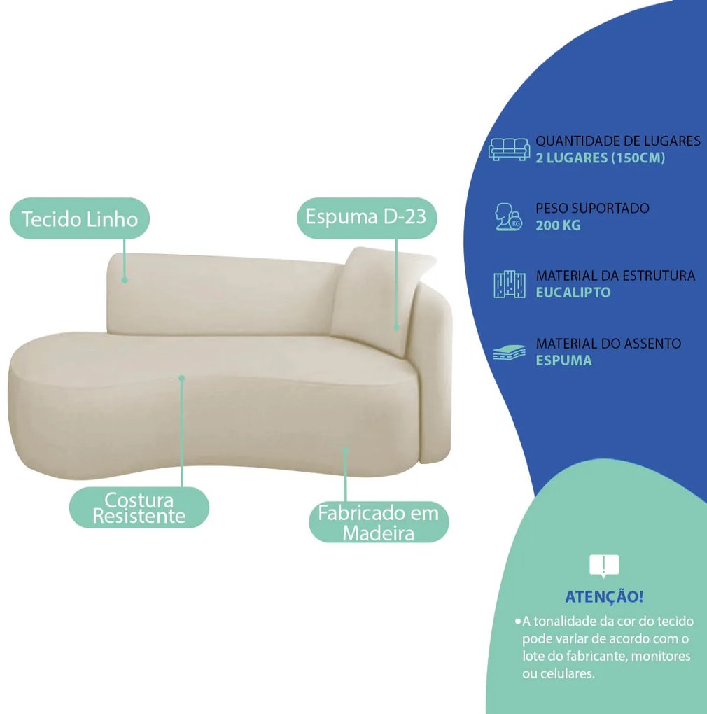 Divã Recamier Suíça Curvo Sala Recepção 150cm Lado Esquerdo Linho