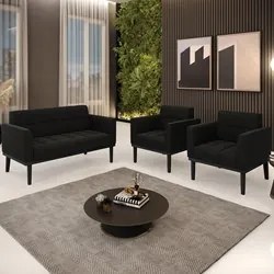 Sofá Namoradeira e 2 Poltronas Base Madeira Preto Ana Suede Preto - Ib